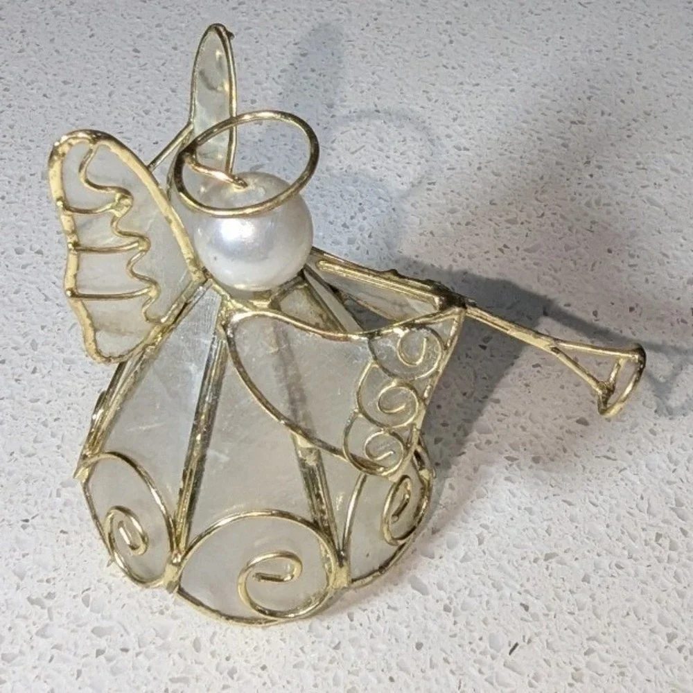 Vintage Angel Figurine Ornament Pearl Gold Stained Glass Wire Trumpet Christmas
